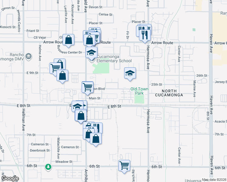 map of restaurants, bars, coffee shops, grocery stores, and more near 9877 Feron Boulevard in Rancho Cucamonga
