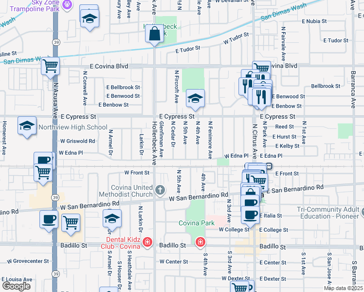 map of restaurants, bars, coffee shops, grocery stores, and more near 738 North Cedar Drive in Covina