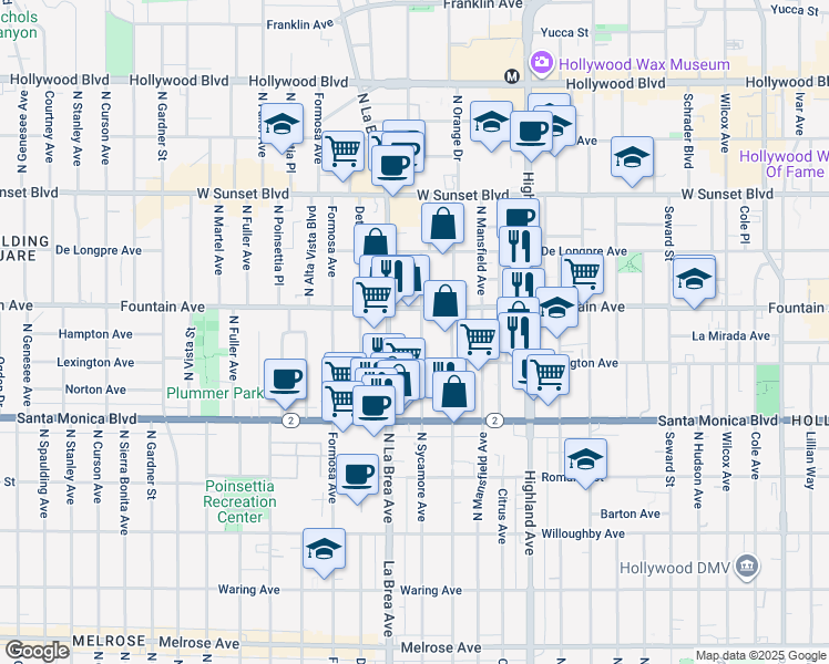 map of restaurants, bars, coffee shops, grocery stores, and more near 1229 North Sycamore Avenue in Los Angeles
