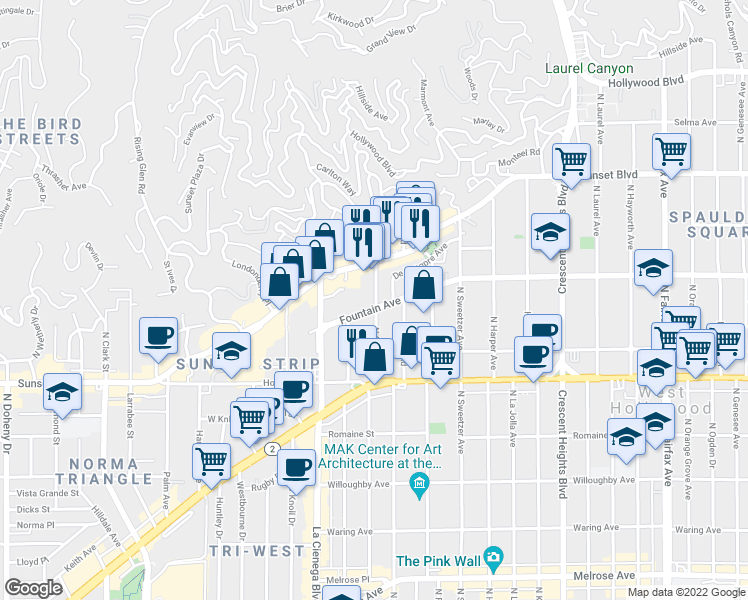 map of restaurants, bars, coffee shops, grocery stores, and more near 1307 North Olive Drive in West Hollywood