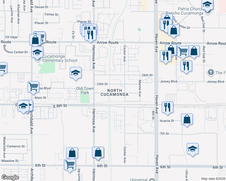 map of restaurants, bars, coffee shops, grocery stores, and more near 10226 24th Street in Rancho Cucamonga