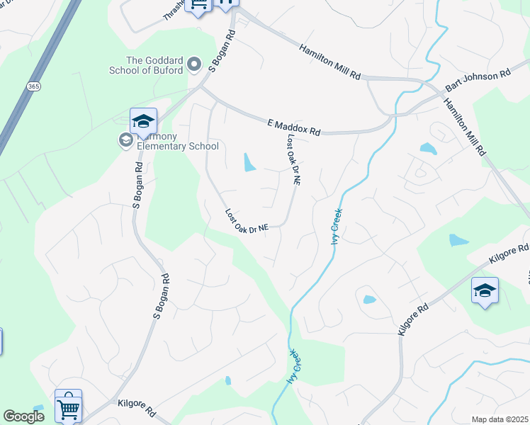 map of restaurants, bars, coffee shops, grocery stores, and more near 2727 Lost Mill Trace in Buford