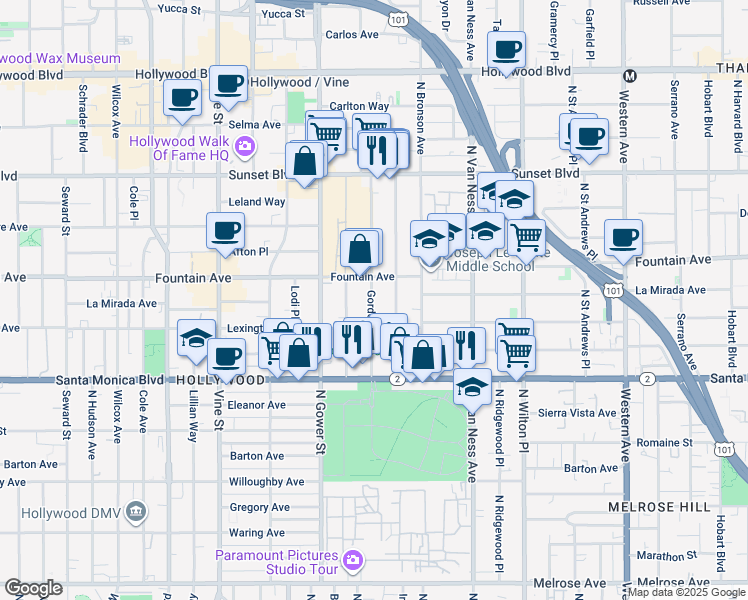 map of restaurants, bars, coffee shops, grocery stores, and more near 1234 Gordon Street in Los Angeles