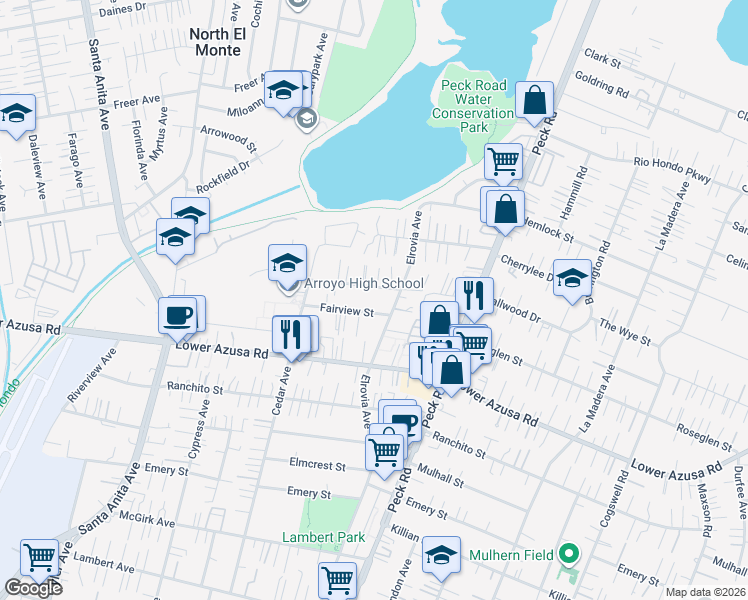 map of restaurants, bars, coffee shops, grocery stores, and more near 11422 Hallwood Drive in El Monte
