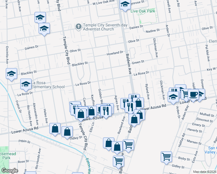 map of restaurants, bars, coffee shops, grocery stores, and more near 9837 Key West Street in Temple City