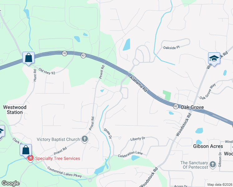 map of restaurants, bars, coffee shops, grocery stores, and more near 267 Shaw Drive in Acworth