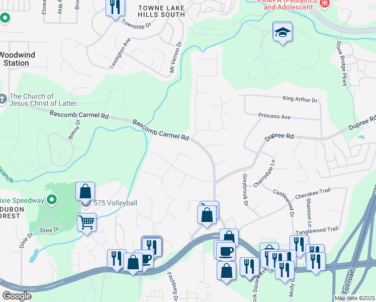 map of restaurants, bars, coffee shops, grocery stores, and more near 503 Woodcliffe Court in Woodstock