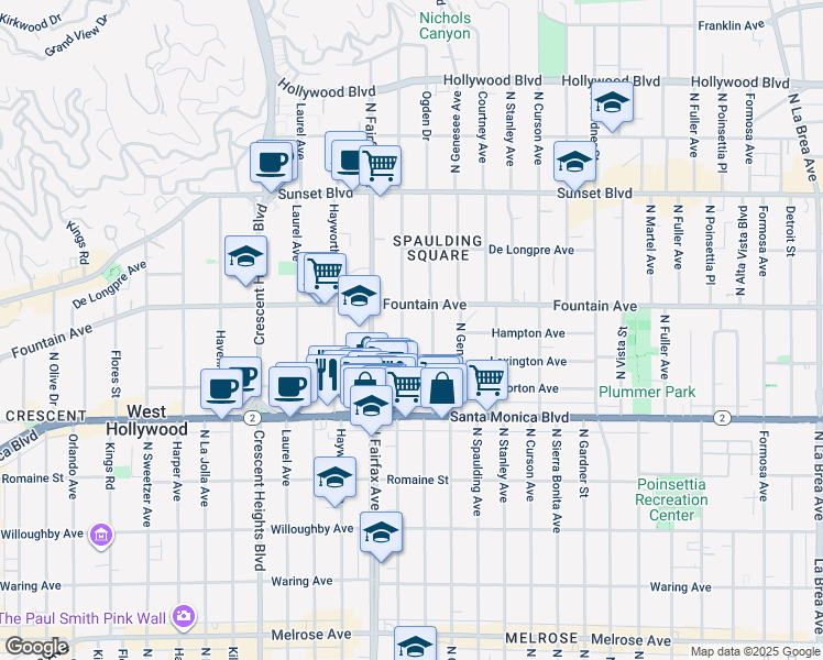 map of restaurants, bars, coffee shops, grocery stores, and more near 1220 North Orange Grove Avenue in Los Angeles