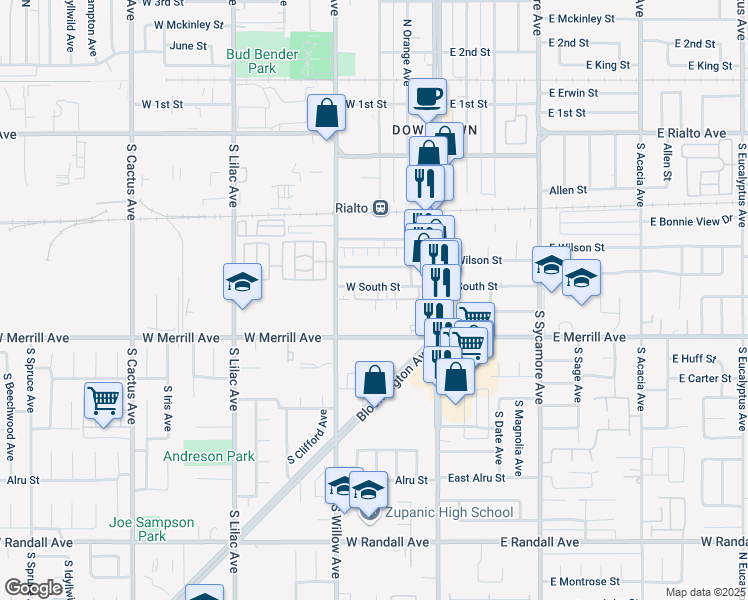 map of restaurants, bars, coffee shops, grocery stores, and more near 177 West South Street in Rialto
