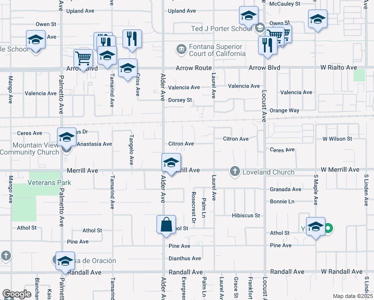 map of restaurants, bars, coffee shops, grocery stores, and more near 17761 Citron Avenue in Fontana