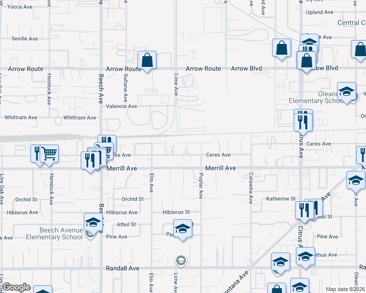map of restaurants, bars, coffee shops, grocery stores, and more near 15639 Citron Avenue in Fontana