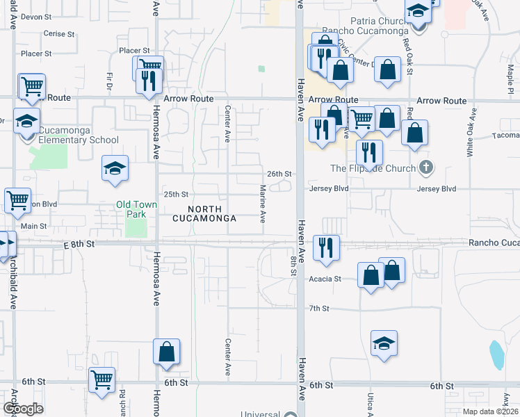 map of restaurants, bars, coffee shops, grocery stores, and more near 10360 24th Street in Rancho Cucamonga