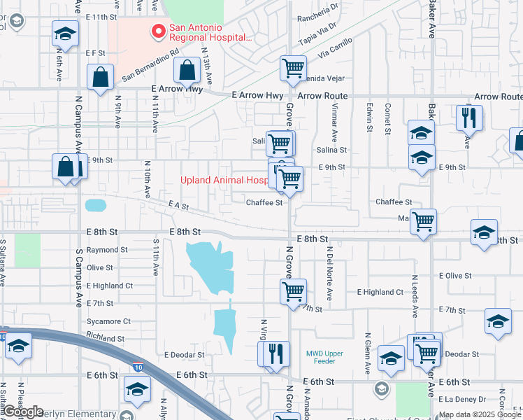 map of restaurants, bars, coffee shops, grocery stores, and more near 1434 Chaffee Street in Upland