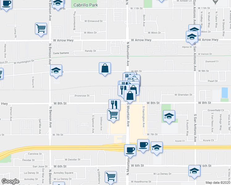 map of restaurants, bars, coffee shops, grocery stores, and more near 143 South Linda Way in Upland
