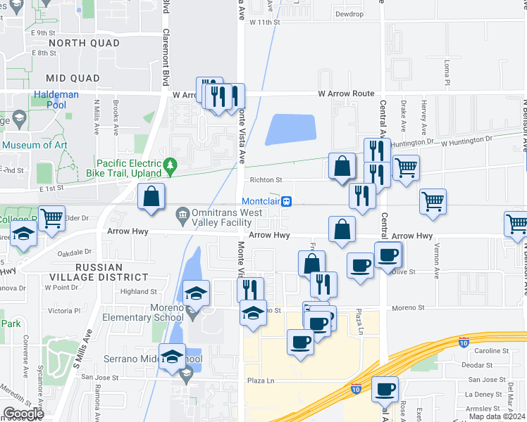 map of restaurants, bars, coffee shops, grocery stores, and more near 4951 Ash Avenue in Montclair