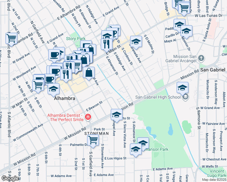 map of restaurants, bars, coffee shops, grocery stores, and more near 318 1/2 South Chapel Avenue in Alhambra