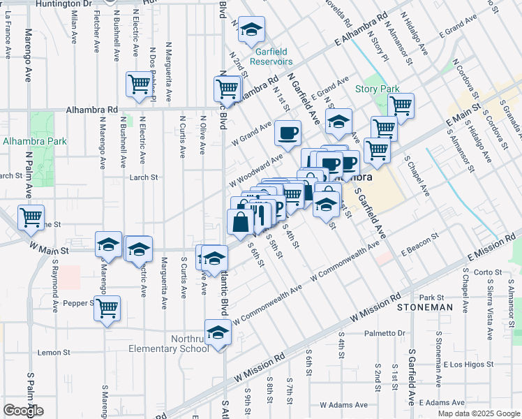 map of restaurants, bars, coffee shops, grocery stores, and more near 22 North 5th Street in Alhambra