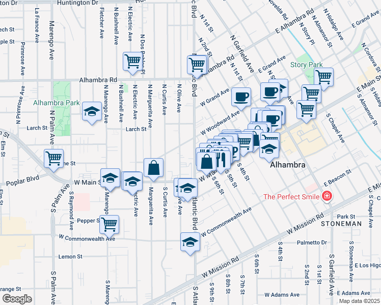 map of restaurants, bars, coffee shops, grocery stores, and more near 116 North Olive Avenue in Alhambra