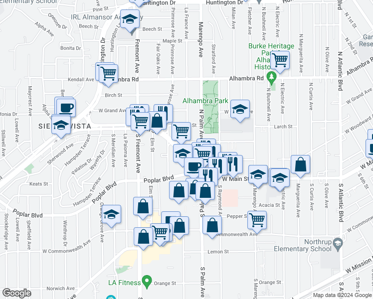map of restaurants, bars, coffee shops, grocery stores, and more near 2239 West Main Street in Alhambra