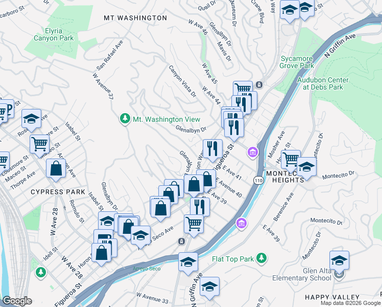 map of restaurants, bars, coffee shops, grocery stores, and more near 208 Mount Washington Drive in Los Angeles