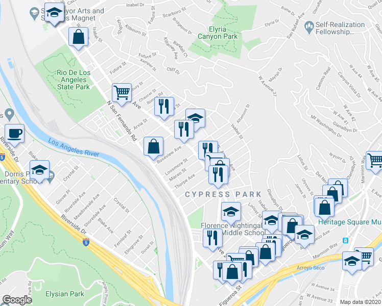 map of restaurants, bars, coffee shops, grocery stores, and more near 1001 Cypress Avenue in Los Angeles