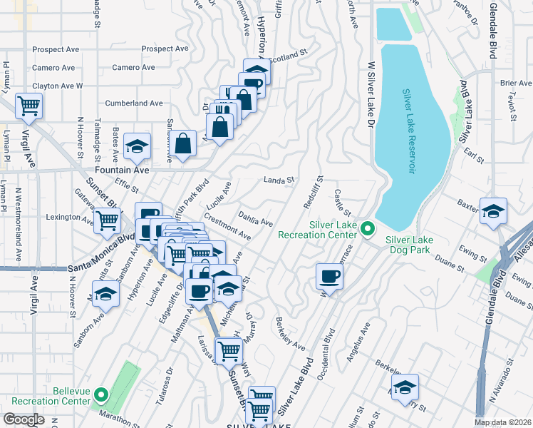 map of restaurants, bars, coffee shops, grocery stores, and more near 3515 Dahlia Avenue in Los Angeles