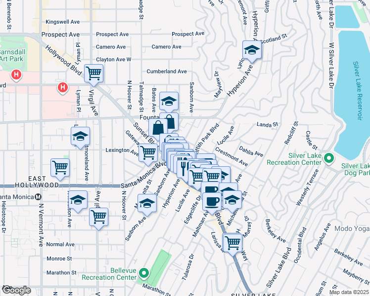map of restaurants, bars, coffee shops, grocery stores, and more near 1140 Sanborn Avenue in Los Angeles