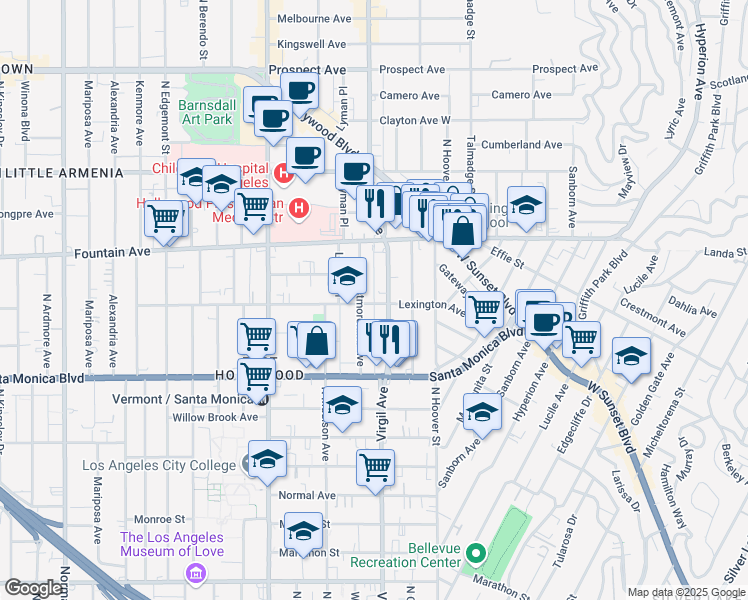 map of restaurants, bars, coffee shops, grocery stores, and more near 1201 North Virgil Avenue in Los Angeles