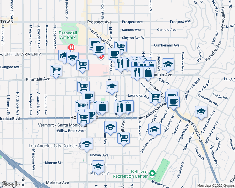 map of restaurants, bars, coffee shops, grocery stores, and more near 1201 North Virgil Avenue in Los Angeles