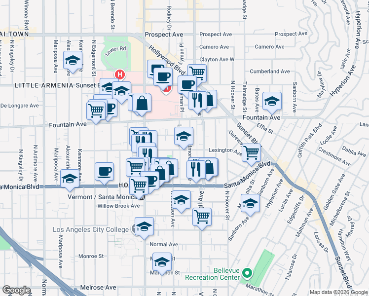 map of restaurants, bars, coffee shops, grocery stores, and more near 4558 Lexington Avenue in Los Angeles