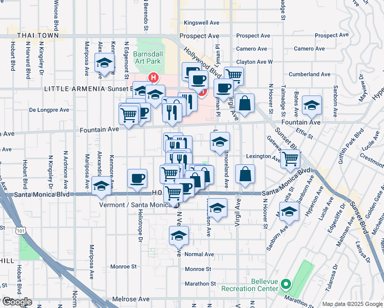 map of restaurants, bars, coffee shops, grocery stores, and more near 4611 Lexington Avenue in Los Angeles