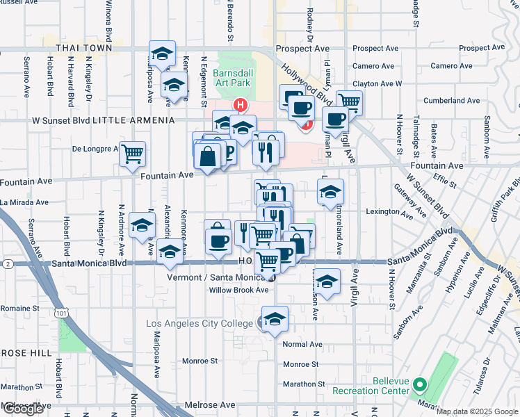 map of restaurants, bars, coffee shops, grocery stores, and more near 4754 Lexington Avenue in Los Angeles