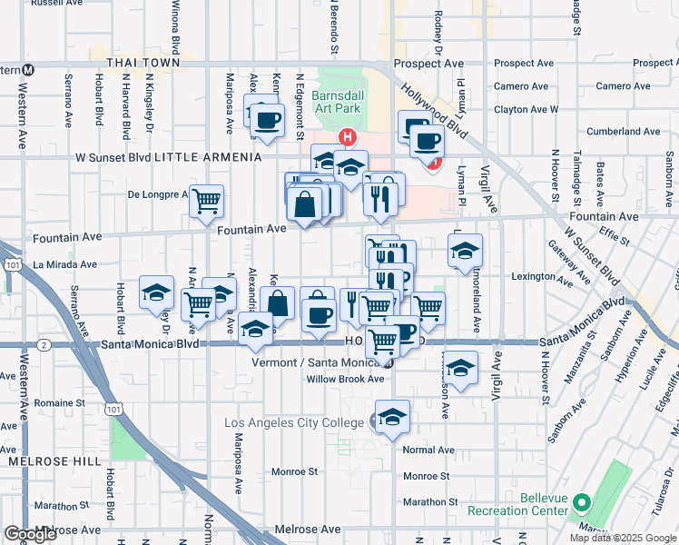 map of restaurants, bars, coffee shops, grocery stores, and more near 4829 Lexington Avenue in Los Angeles