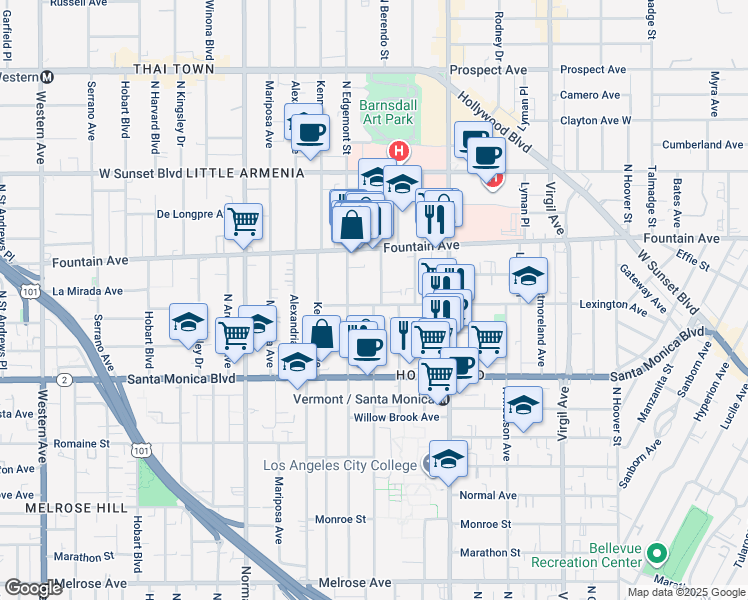map of restaurants, bars, coffee shops, grocery stores, and more near 4829 Lexington Avenue in Los Angeles