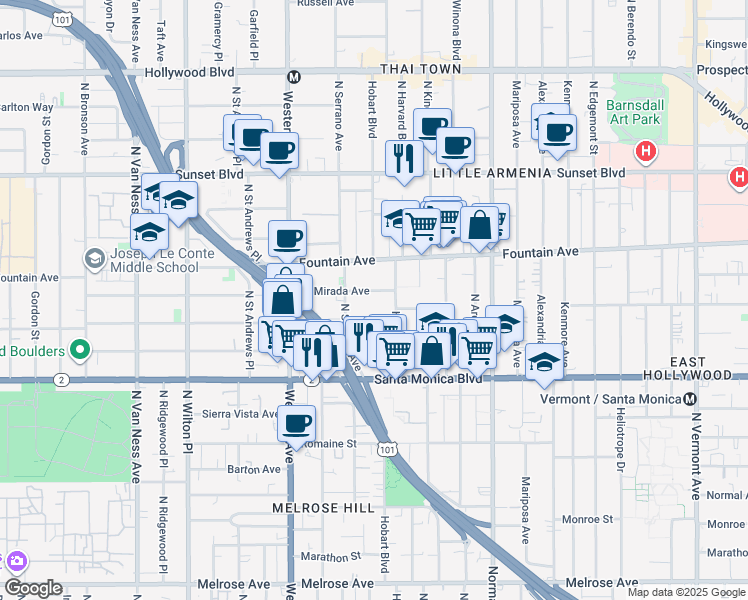 map of restaurants, bars, coffee shops, grocery stores, and more near 1229 North Hobart Boulevard in Los Angeles