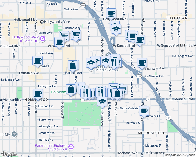 map of restaurants, bars, coffee shops, grocery stores, and more near 5830 La Mirada Avenue in Los Angeles