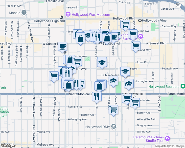 map of restaurants, bars, coffee shops, grocery stores, and more near 1231 Seward Street in Los Angeles