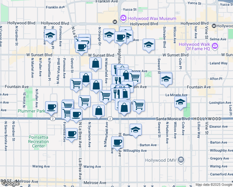 map of restaurants, bars, coffee shops, grocery stores, and more near 1229 North Citrus Avenue in Los Angeles
