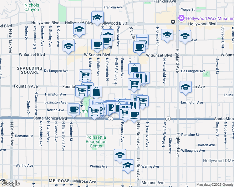 map of restaurants, bars, coffee shops, grocery stores, and more near 1232 North Poinsettia Place in West Hollywood