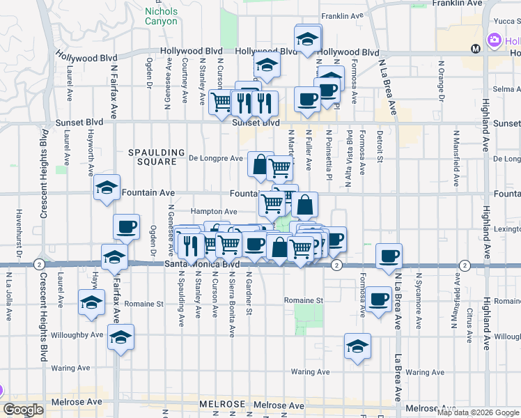 map of restaurants, bars, coffee shops, grocery stores, and more near 7508 Hampton Avenue in West Hollywood