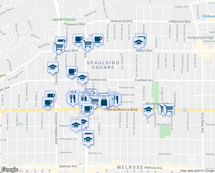 map of restaurants, bars, coffee shops, grocery stores, and more near 1232 North Ogden Drive in West Hollywood