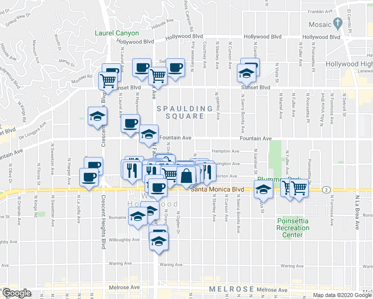 map of restaurants, bars, coffee shops, grocery stores, and more near 1232 North Ogden Drive in West Hollywood