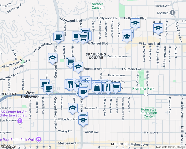 map of restaurants, bars, coffee shops, grocery stores, and more near 1232 North Ogden Drive in West Hollywood