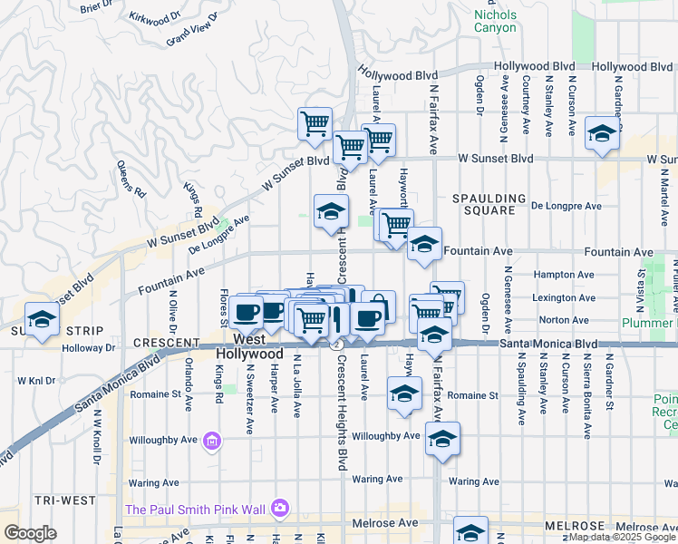 map of restaurants, bars, coffee shops, grocery stores, and more near 1257 North Crescent Heights Boulevard in West Hollywood