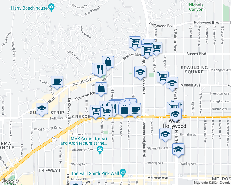 map of restaurants, bars, coffee shops, grocery stores, and more near 1255 North Harper Avenue in West Hollywood