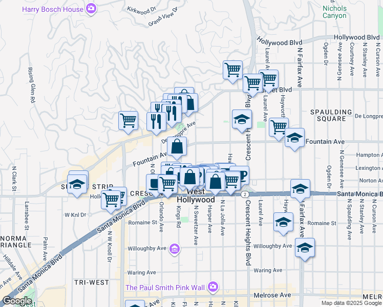 map of restaurants, bars, coffee shops, grocery stores, and more near 1260 North Flores Street in West Hollywood