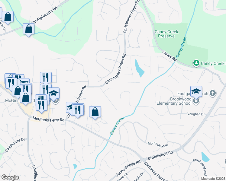 map of restaurants, bars, coffee shops, grocery stores, and more near 1518 Robins Walk in Alpharetta