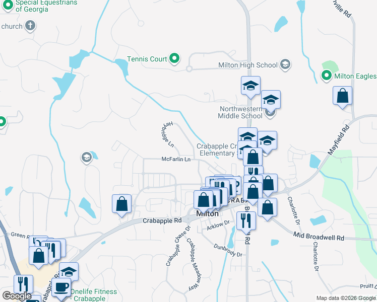 map of restaurants, bars, coffee shops, grocery stores, and more near 3131 Huntbury Lane in Milton