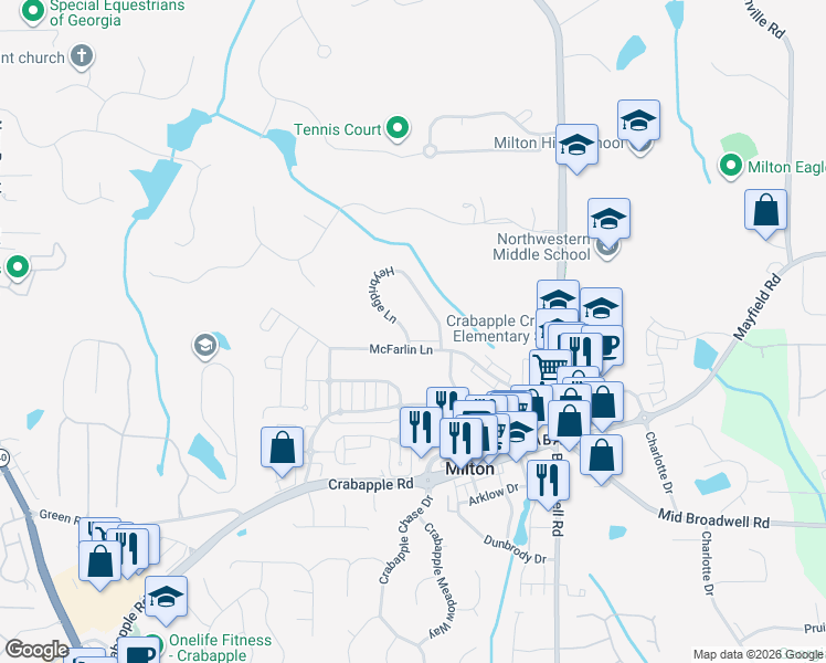 map of restaurants, bars, coffee shops, grocery stores, and more near 3131 Huntbury Lane in Milton