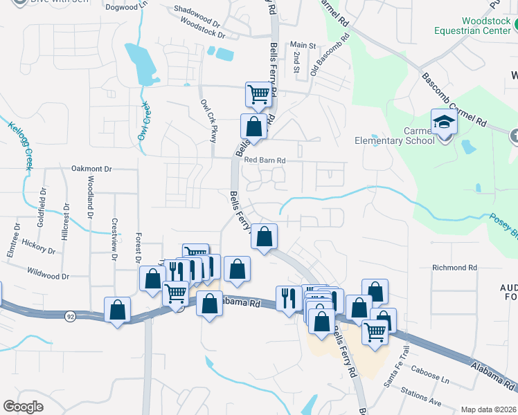 map of restaurants, bars, coffee shops, grocery stores, and more near 209 Oakleaf Drive in Acworth
